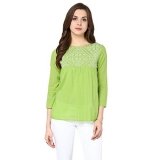 Green Rayon Women Top with Embroidery for office wear
